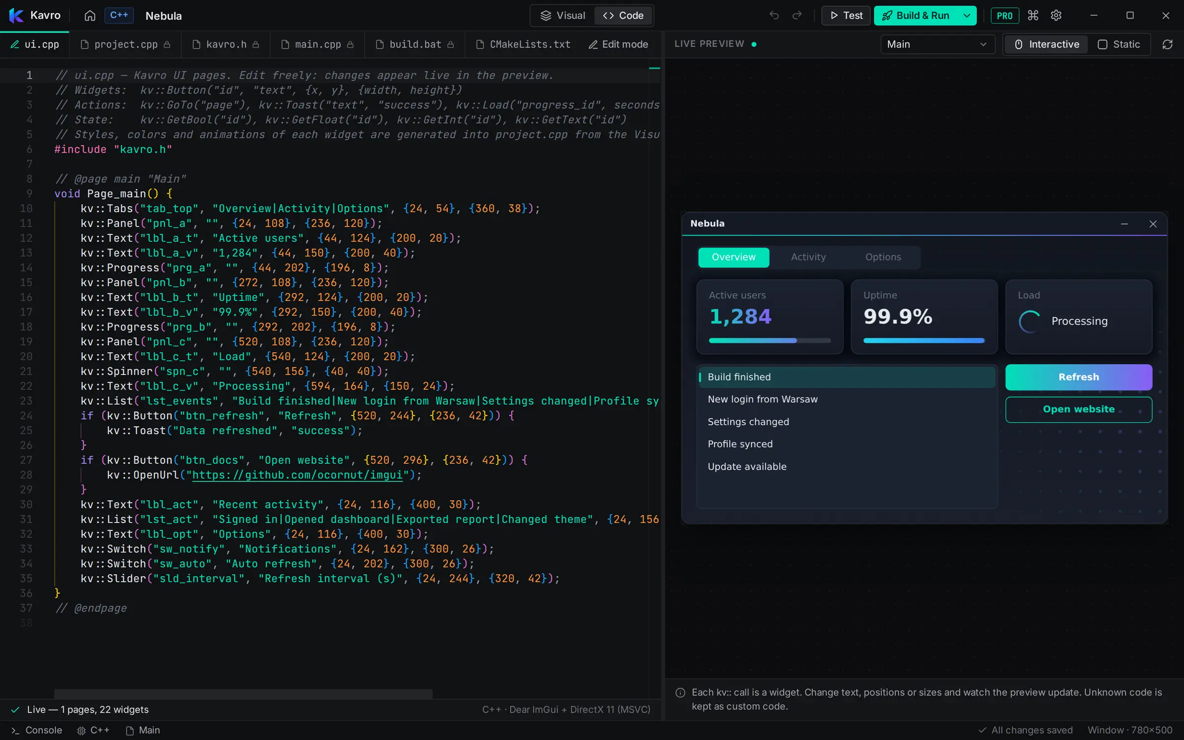 The code view in Kavro with the generated Dear ImGui code next to a live preview